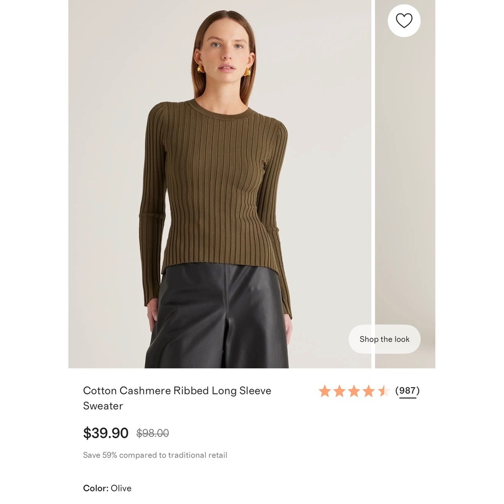 NWT Quince Cotton Cashmere Ribbed Long Sleeve Sweater Olive Green Small Organic